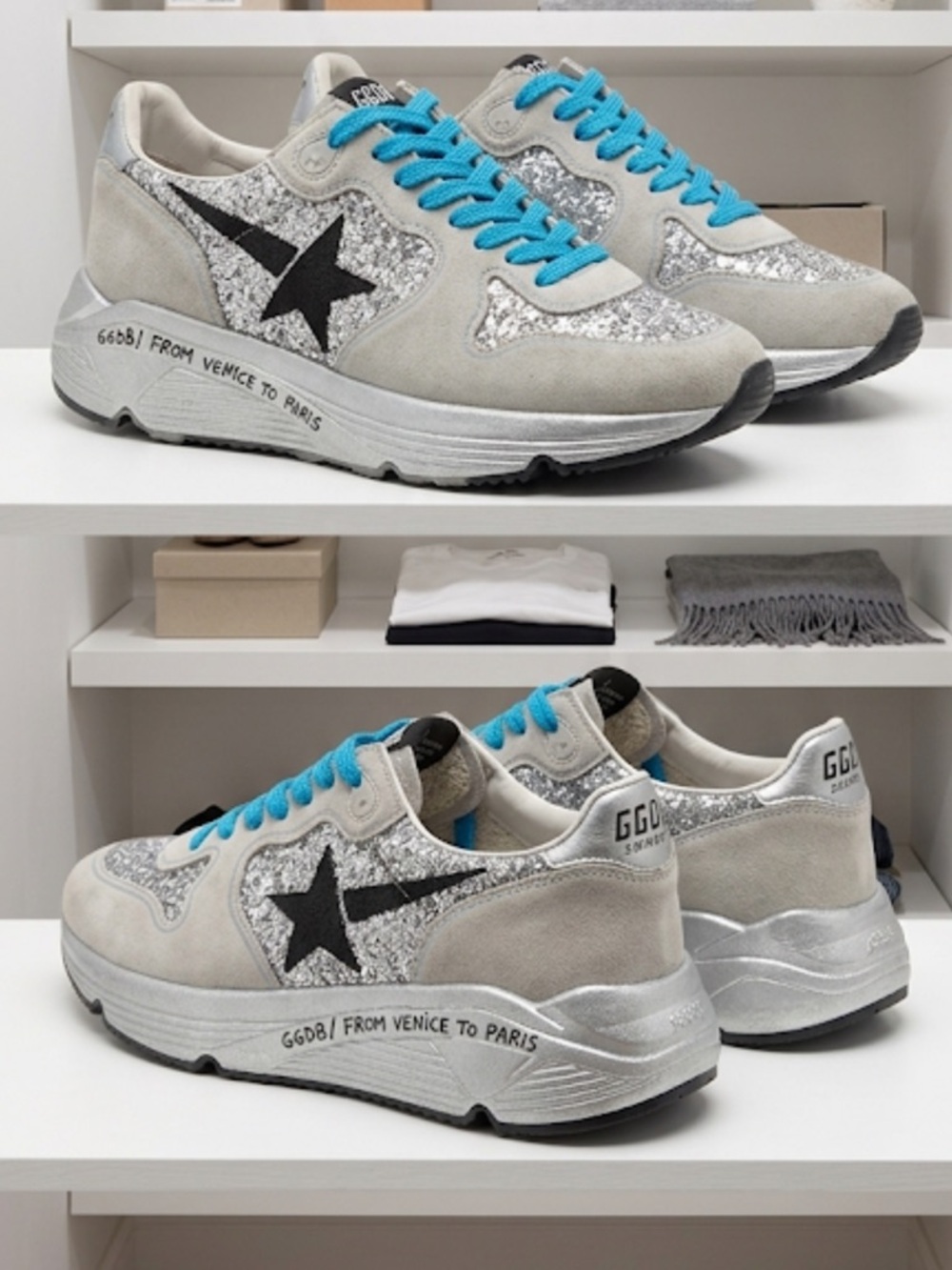 NWOB Golden Goose Silver Glitter & Gray Suede & Black Star Running Sneakers